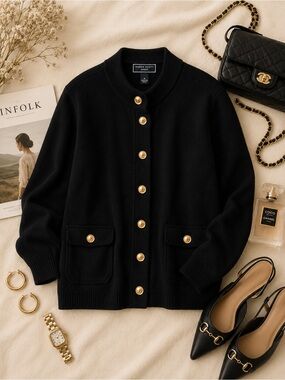 Karen Scott Plus Size Black Gold Button Cardigan Sweater |Quiet Luxury Chic Knit